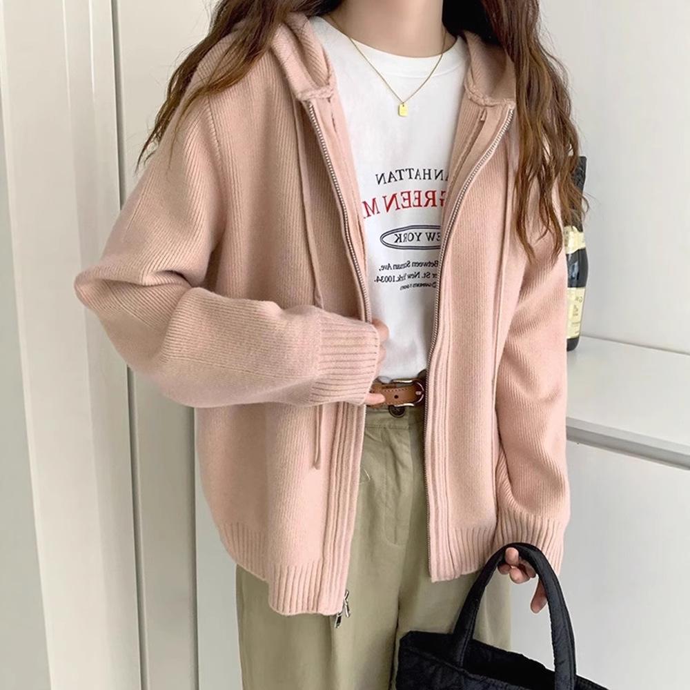Women's Loose Hooded Knit Cardigan - Thick, Soft Double Zipper Jacket for Spring/Autumn