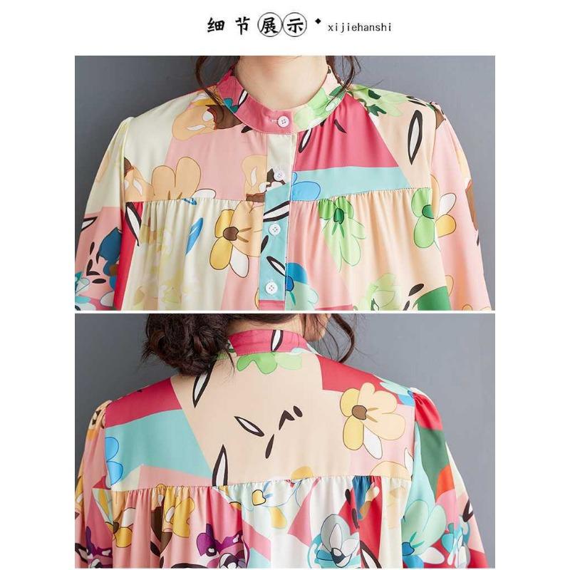 New Large Size Loose Thin Fashion Long-sleeved Printed Mid-length Dresses