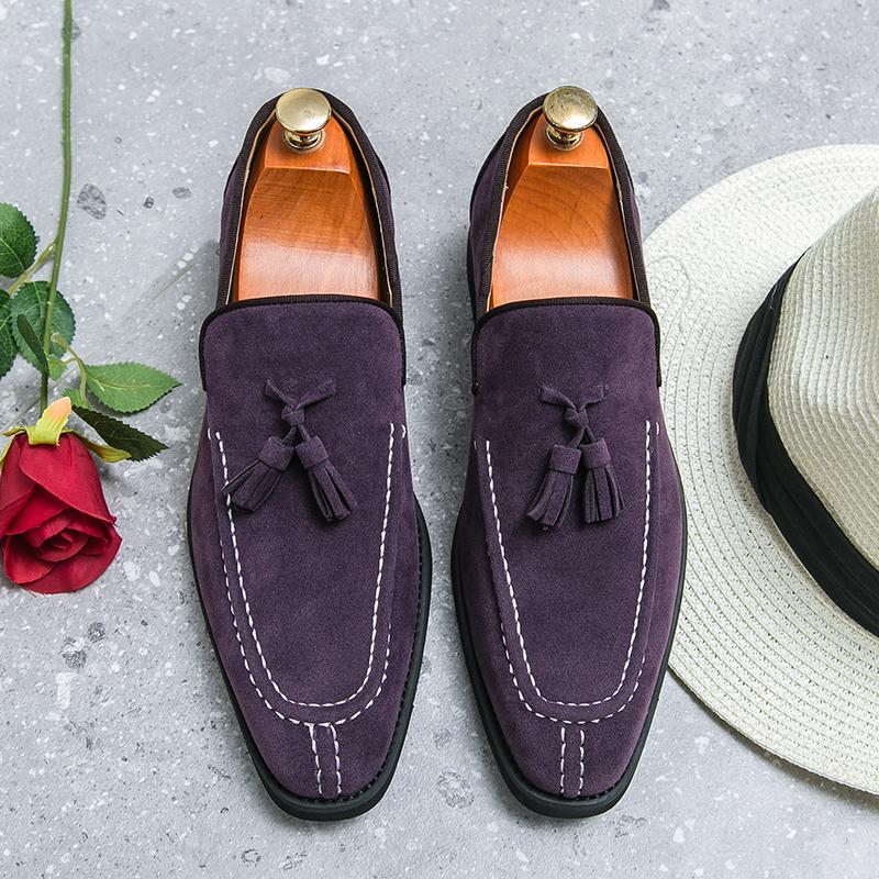 New Britain Fashion Men's Pointed Bule Purple Tassels Slip On Casual Shoes Loafers Formal Wedding Dress Footwear Zapatos Hombre