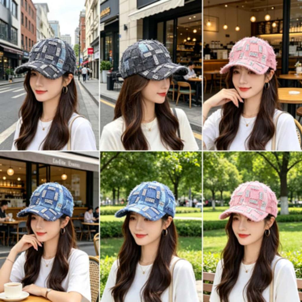 Vintage Distressed Frayed Denim Baseball Cap, Plaid Rhinestone Bling Hat, Y2K Hip Hop Streetwear For Women, Casual Sun Hat