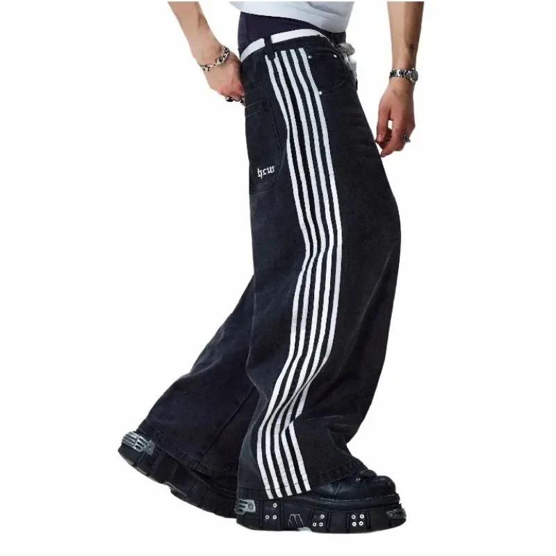 Retro American Harajuku Striped Wide-Leg Jeans: Casual, Loose-Fit Street Style