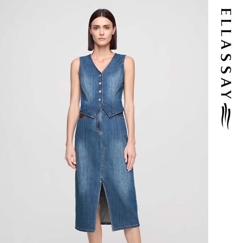 ELLASSAY Retro Denim Sleeveless Faux Two-Piece Dress