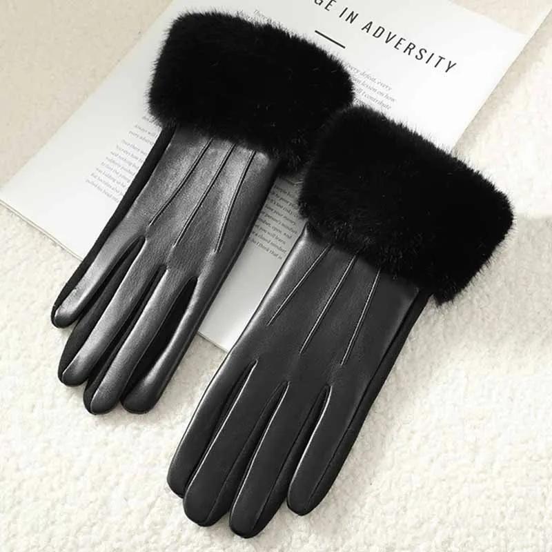

Fashion Elegant Party Warm Touch Screen Drive Cycling Winter Luxury Women PU Leather Gloves Wrist Soft Faux Fur Trim Cuff One Size