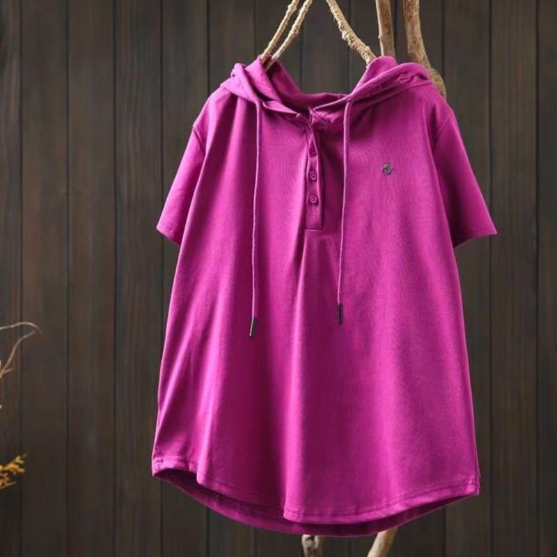 

Johnature Женские однотонные футболки с капюшоном, короткие рукава, летние повседневные мягкие женские футболки на пуговицах One Size кофейный