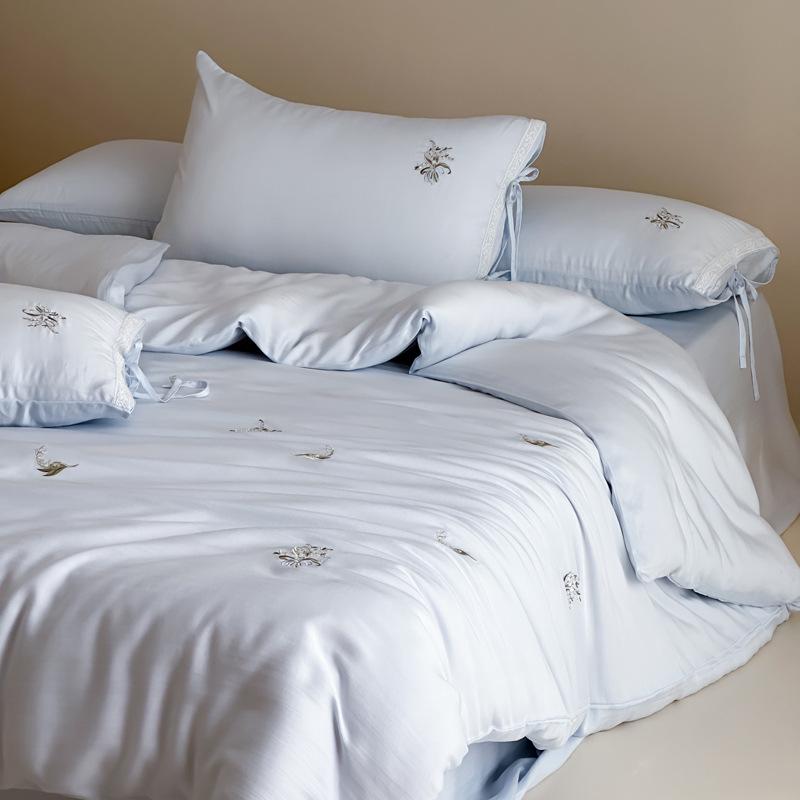 French Tencel Embroidery Luxury Four-Piece Bedding Set - Silky, Cool, Skin-Friendly for Summer Comfort