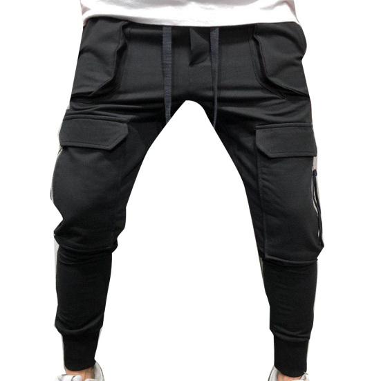 Sporty Men Solid Color Drawstring Multi-pockets Cargo Pants Ankle Tie Trousers