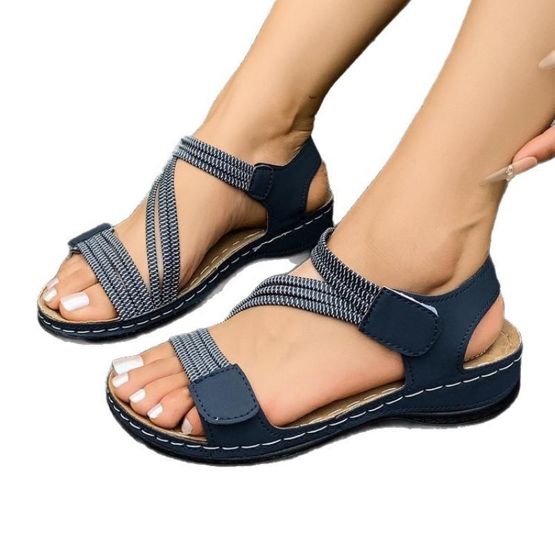 New Women's Sandals, Large-sized, Sewn, Wedge Heel, Casual Velcro Shoes