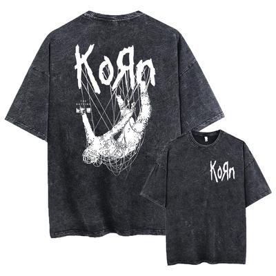 Gewaschenes Vintage Rockband Korn Falling Away From Me T-Shirt Skelett-Print T-Shirts Herren Gothic T-Shirt Männlich Übergroße T-Shirts