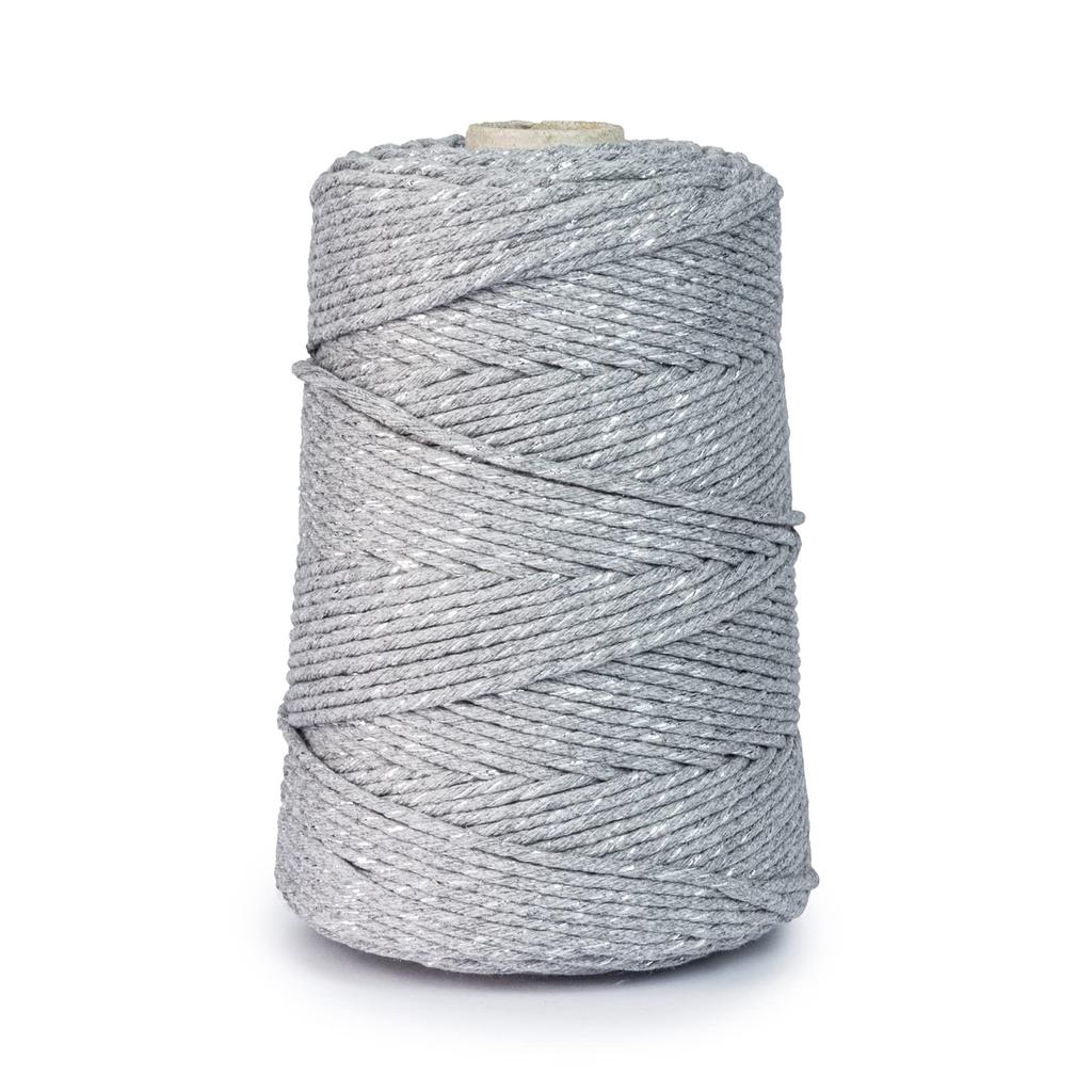 DQPP | Premium MACRAMEE GARN | 200m | 3mm | Grau mit Silberfaden | 100% Baumwolle | Kordel Natur | Baumwollgarn Baumwollseil | DIY Handwork Decoration