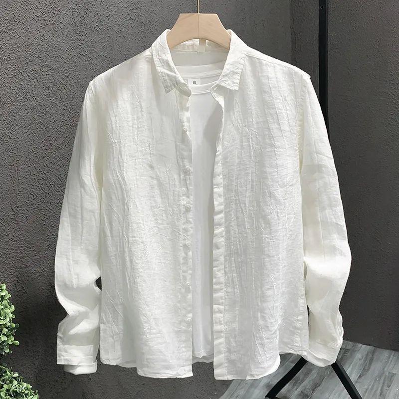 

Spring and Autumn Men s Linen Solid Color Lapel Long-sleeved Shirt Trend All-match Loose Casual Shirt Jacket Men XXXXXL білий