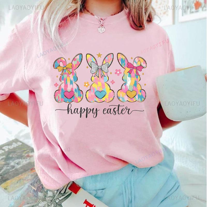 Brushstroke Bunny Easter T Shirt Kawaii Women Short-sleev Tee-shirt Retro Style Streetwear Fashion Casual Cotton Tops Ropa Mujer