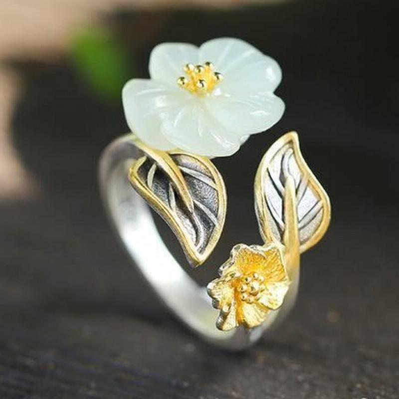 Adjustable Open Ring With Plum Blossom Motif Gold Plated Copper Vintage Boho Womens Fashion Jewelry