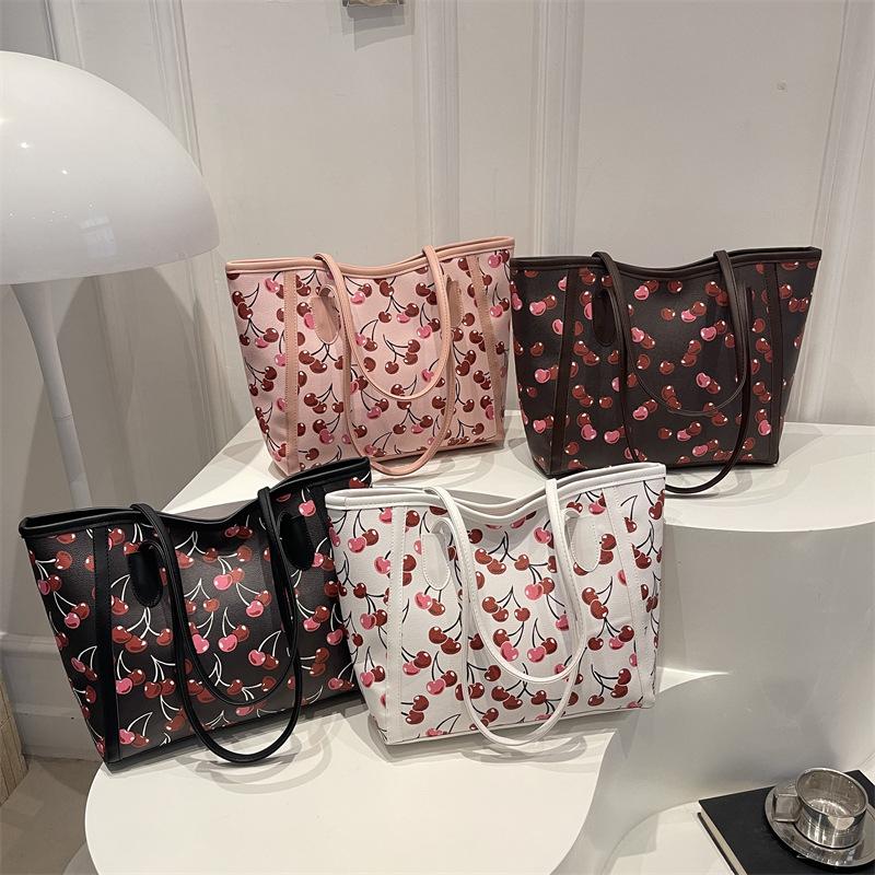 Vintage Cherry Print Large Capacity Women Casual Commute Single Shoulder Tote Bag