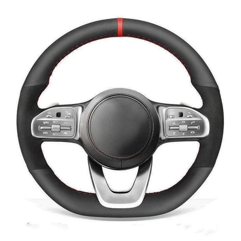 For Mercedes Benz W177 V177 W247 W205 C118 C257 W213 EQA H243 2018- Black Leather Suede Car Steering Wheel Cover