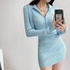 Sexy Girl Style Zipper Half-high Neck Bag Hip Short Skirt Female Autumn and Winter Long-sleeved Knitted Little Black Dress Tight Dress