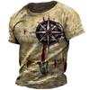 Summer Round Neck 3D Print Vintage Compass Pattern Top Fashionable Casual Short Sleeved Men's T-shirts
