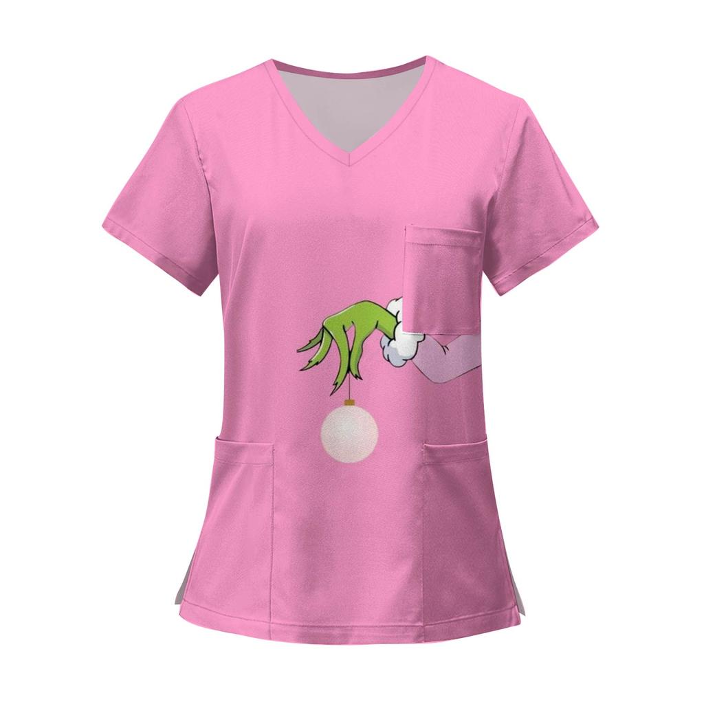 Camisetas de trabajo con bolsillos y cuello en V y manga corta estampadas a la moda para mujer