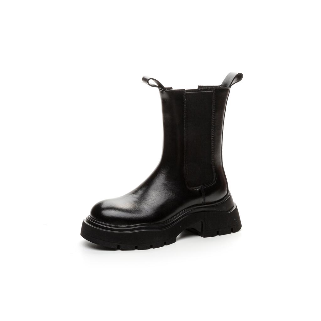 Customized Leather Thick-soled Heightening BV Martin Boots 2025 Autumn and Winter New Round Head Black Boots Trendy and Comfortable Chimney