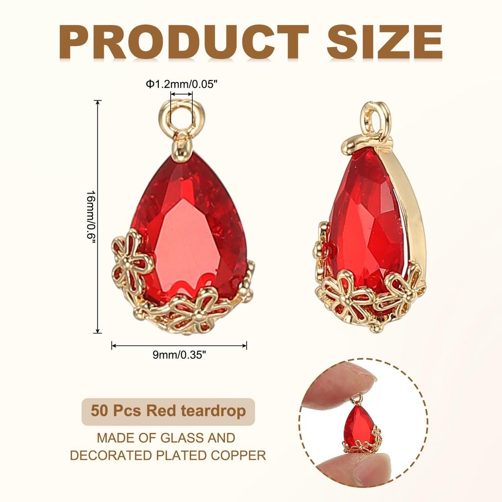 YOKIVE 50 Pieces Faceted Teardrop Glass Crystal Pendants for and DIY Jewelry Crafts Rhinestones, Gold-Plated Necklaces, Earrings, Bracelets, (Red,
