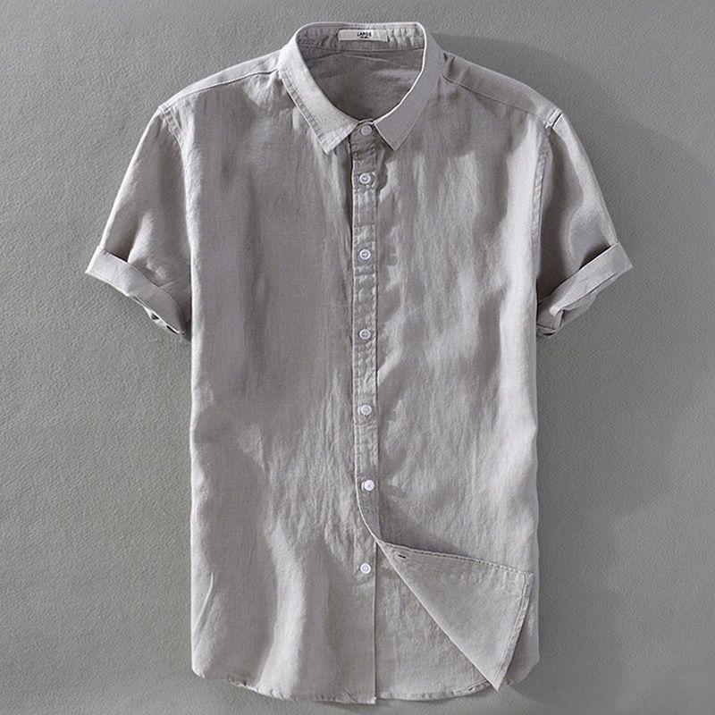 Men's Sky Blue Slim Fit Linen-Cotton Short-Sleeve Shirt