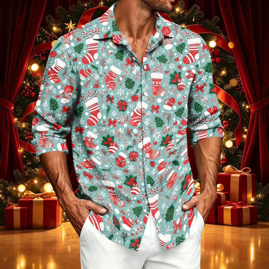 Men's Casual Long Sleeve Shirt with Christmas Print for Spring and Fall