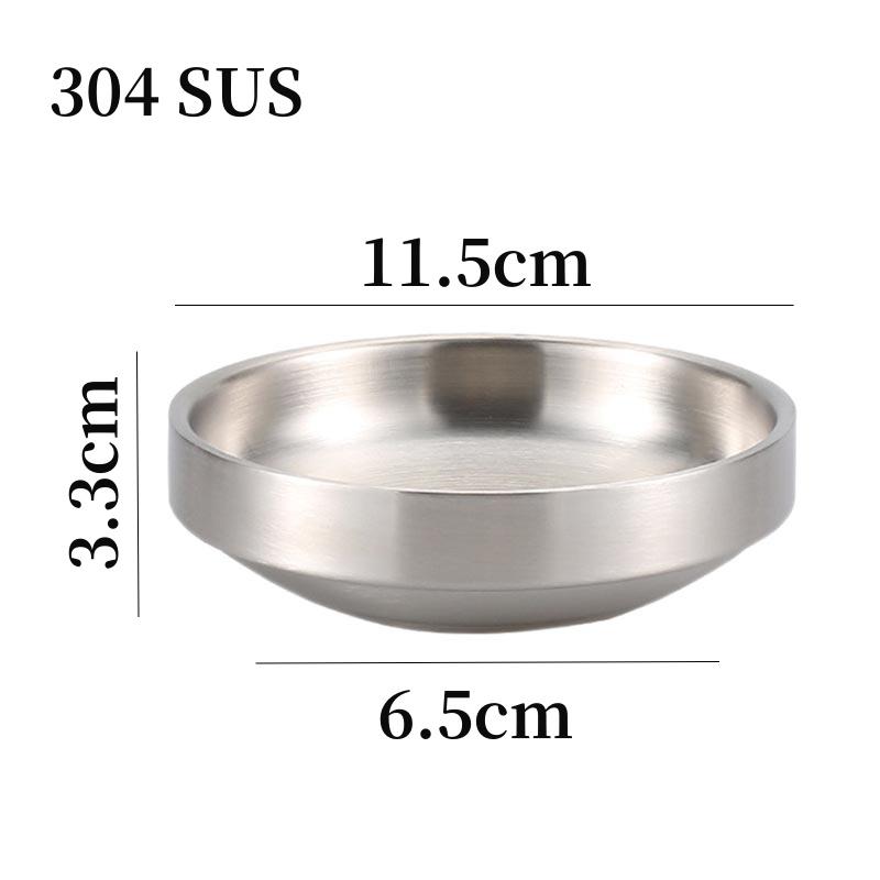 Double-Layer Round Kimchi Plate Dish, 304 Stainless Steel,Silver Color,Rice Bowl,Cold Noodle Plate Bowl,Insulation,Anti-Scalding