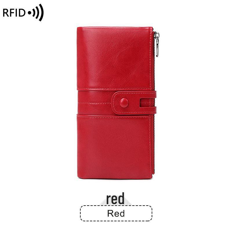 

Зарубежный RFID Женский Антимагнитный Кошелек - Мягкий Кошелек-Клатч из Кожи с Масляной Пропиткой, Европейский и Американский Ретро Длинный на Молнии красный