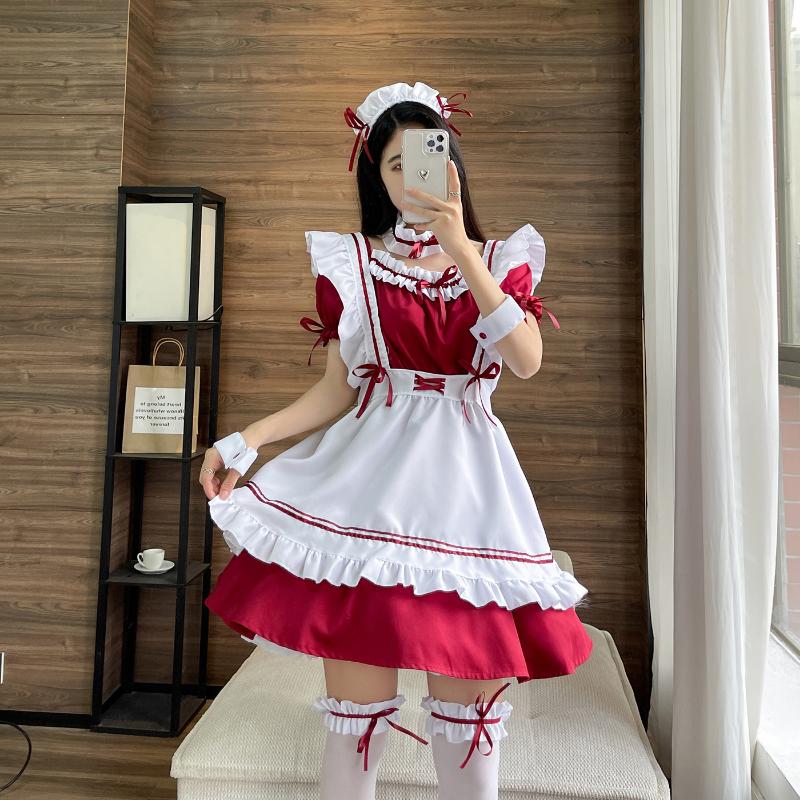Wonderful Warmth Travels The World, Red Wine Sweet Heart Maid Outfit Lolita Cute Maid Outfit Cosplay Mobile Game