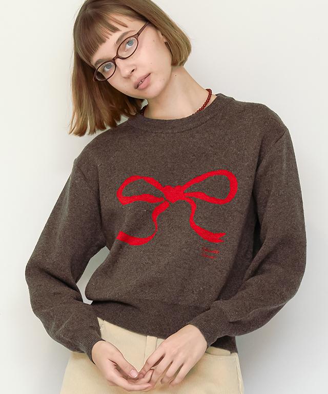 RONRON Heart Ribbon Jacquard Knit Brown