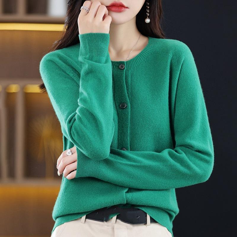 Long Sleeve Merino Woolen Sweaters Cashmere Cardigan Spring Autumn Women O-Neck Knitwear Tops Clothing Fashion Basic Tops
