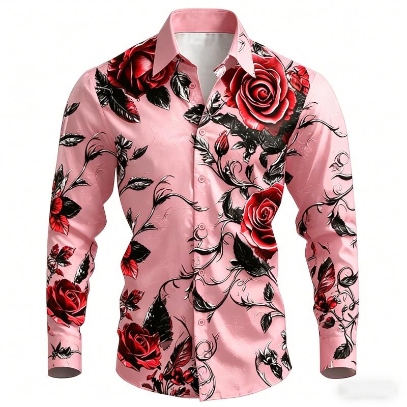 2026 New Men's Shirt with Black Background and Red Rose Print, Slim Fit and No Iron Business Casual Shirt, Versatile Top