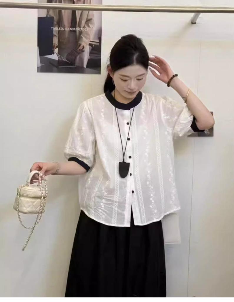 French Hollow Embroidery Short Sleeve Summer Blouse - Casual, Versatile Jacquard Loose Fit