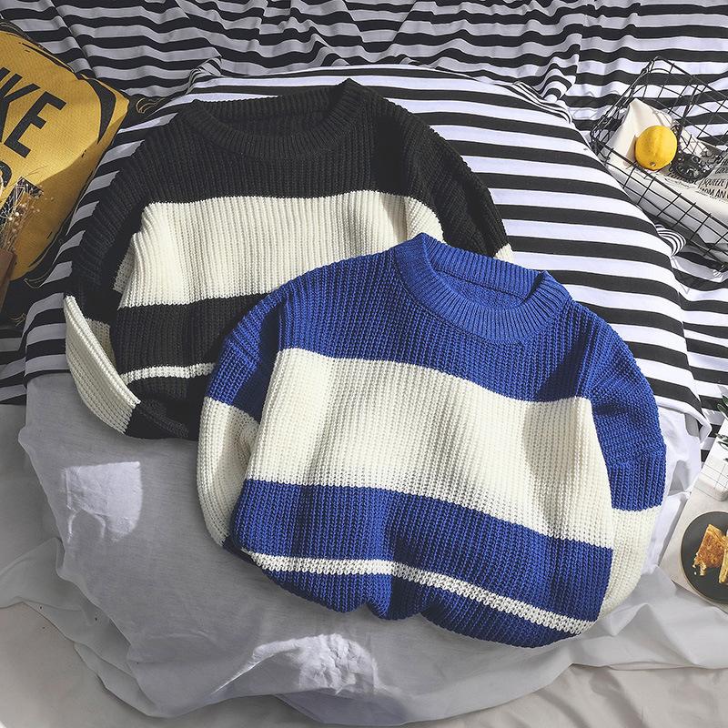 Tröja Herr Rundhals Ny Hongkong-stil Randig Lös Koreansk Casual Stickad Tröja Fladdermusärm Pullover