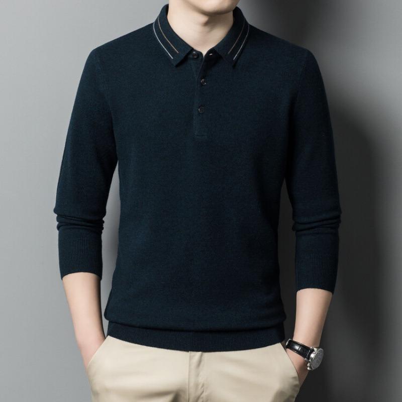 Весенне-осенний мужской шерстяной свитер, высококачественная вязаная кашемировая мужская футболка с длинными рукавами, рубашка-поло с лацканами 165