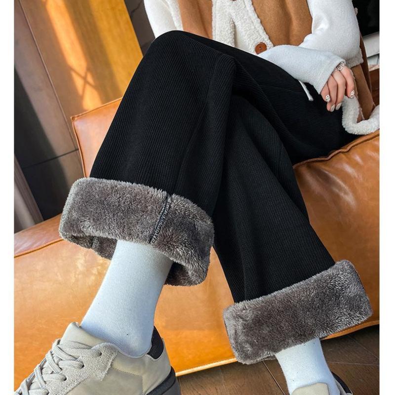 Calças femininas de inverno com elástico na cintura e forro de lã grossa, calças casuais de veludo cotelê com perna reta e quentes