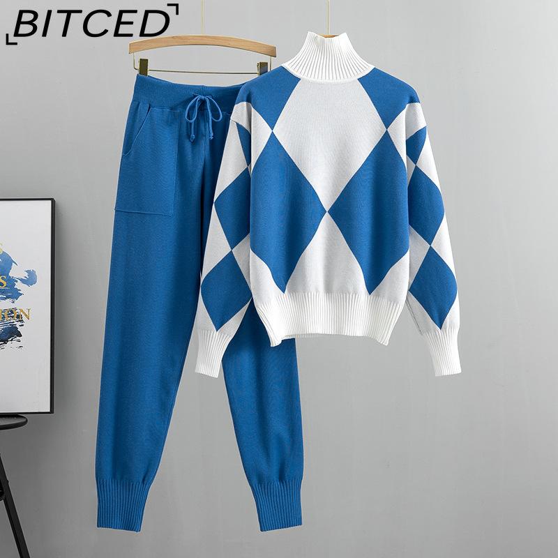 BITCED Módní set Dámský jarní a podzimní ležérní pletený kostkovaný svetr Dvoudílný set