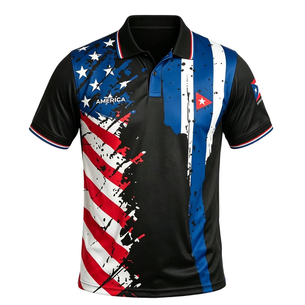 Men's Loose Fit Casual Short Sleeve Polo Shirt with Flag Print Comfortable Button Down Top for Everyday Wear