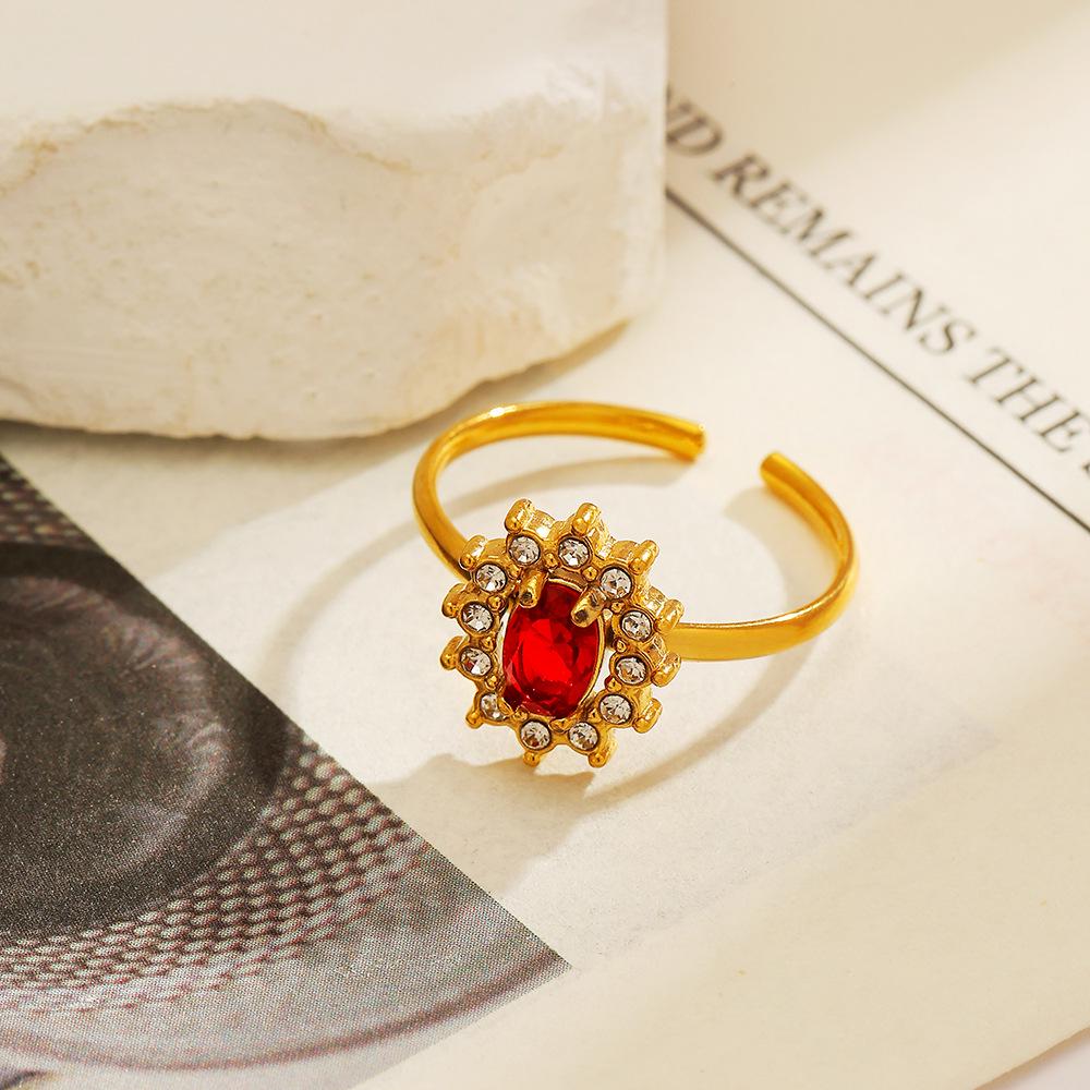 18k Gold-Plated Stainless Steel Open Ring with Sun Red Zirconium - High-End, Non-Fading Design for Women