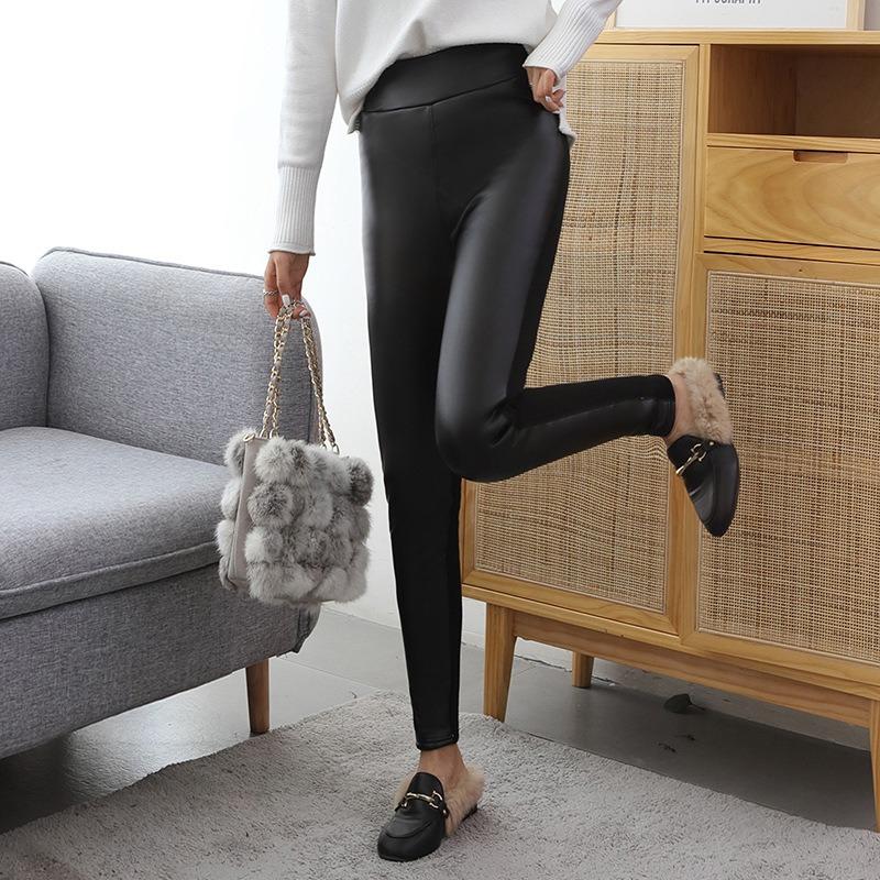 Extra thick front leather and rear cotton splicing lamb wool leggings, winter velvet thickened outer wear high-waisted integrated pants thermal pants