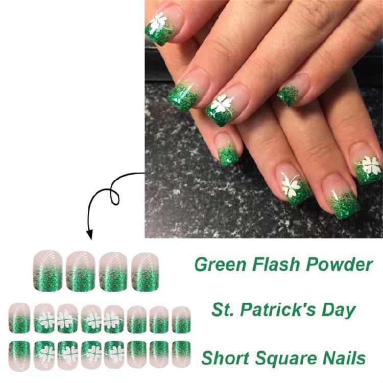 24 Pieces Patrick's Day Press On Nail Short Square False Nail Full Cover Nail Decoration Glossy Stick On Nail
