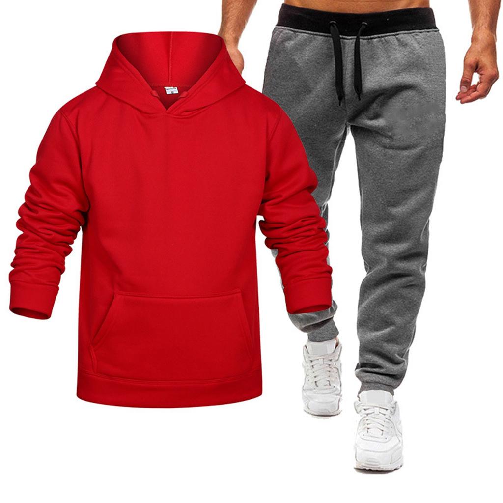 Men's Winter Solid Color Long-Sleeved Hooded Drawstring Sweatshirt And Sweatpants Suit