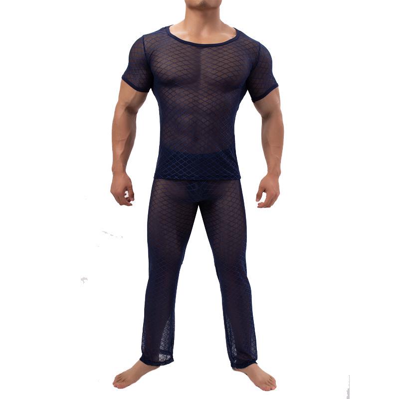 Men's Short Sleeve See-Through Mesh Slim Fit Diamond Net Top B-01