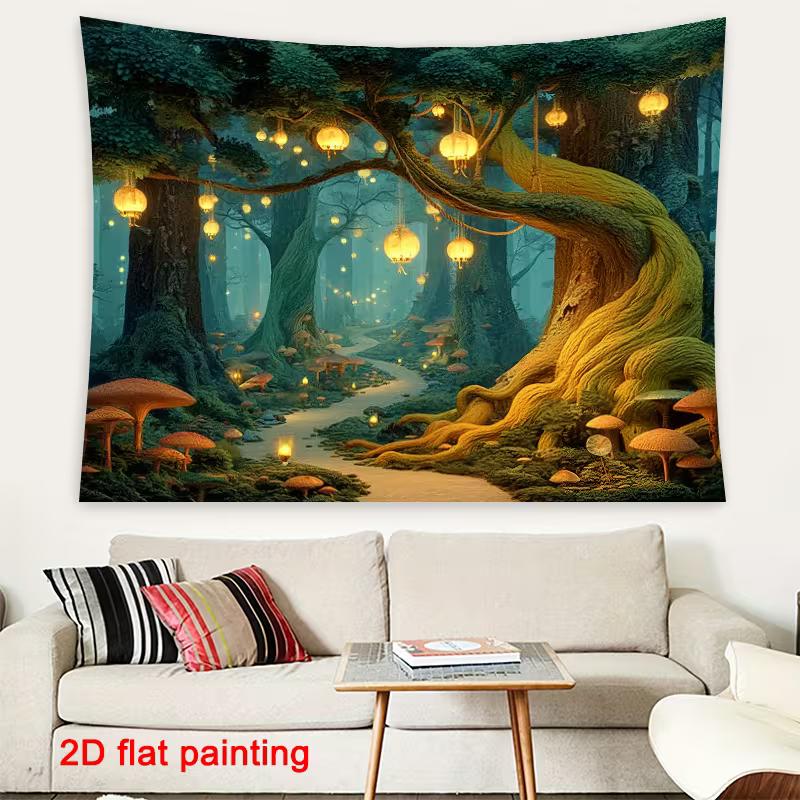 2D Fairy Tale Forest Wall Decor, Glowing Lanterns on Ancient Tree Tapestry