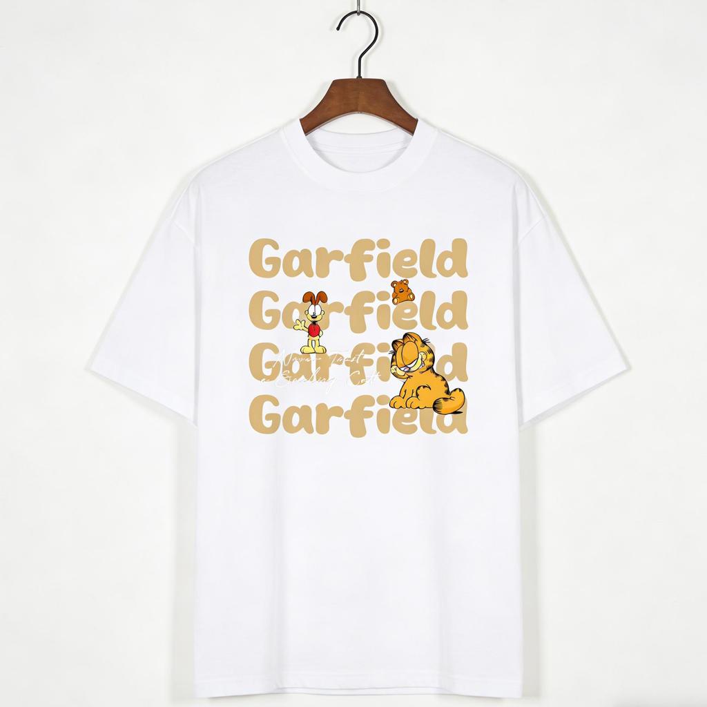 Garfield & Odie Repeating Letters Trendy T-Shirt! American Retro Fun Print Loose-Fitting Short Sleeve, Unisex, Oversize Couple Tee