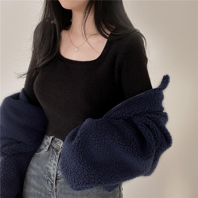 Giacca Corta da Donna di Design con Collo Alto Calda in Finta Lana d'Agnello Autunno e Inverno Ampia e Versatile Cardigan Top con Zip