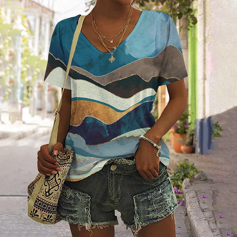 Printed Striped T-shirt New Simple Clothes Casual V-neck Short-sleeved T-shirt Retro T-shirt Summer