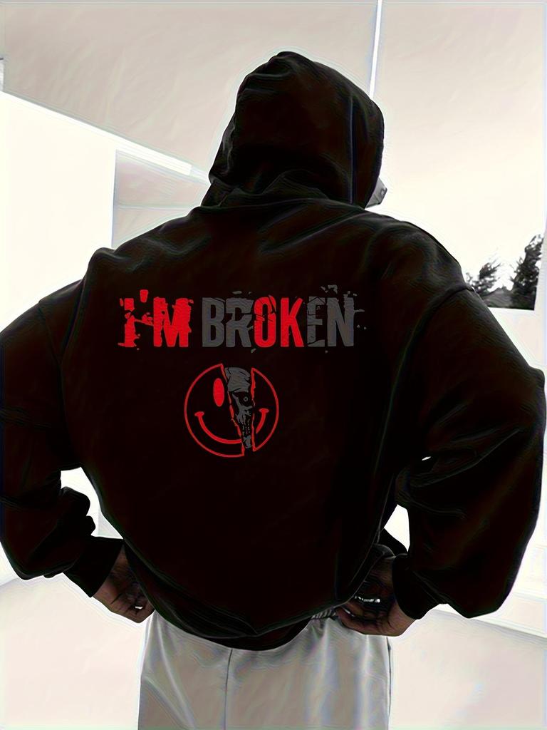 Men's Hooded Sweatshirt - Thick Warm Winter Pullover with Edgy "I'M BROKEN" Text & Broken Heart Graphic Print