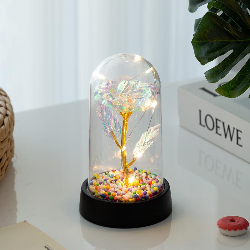 LED Gold Foil Rose with Crystal Glass Cover - Light-up Preserved Flower Ornament for Valentine's Day or Christmas Gift