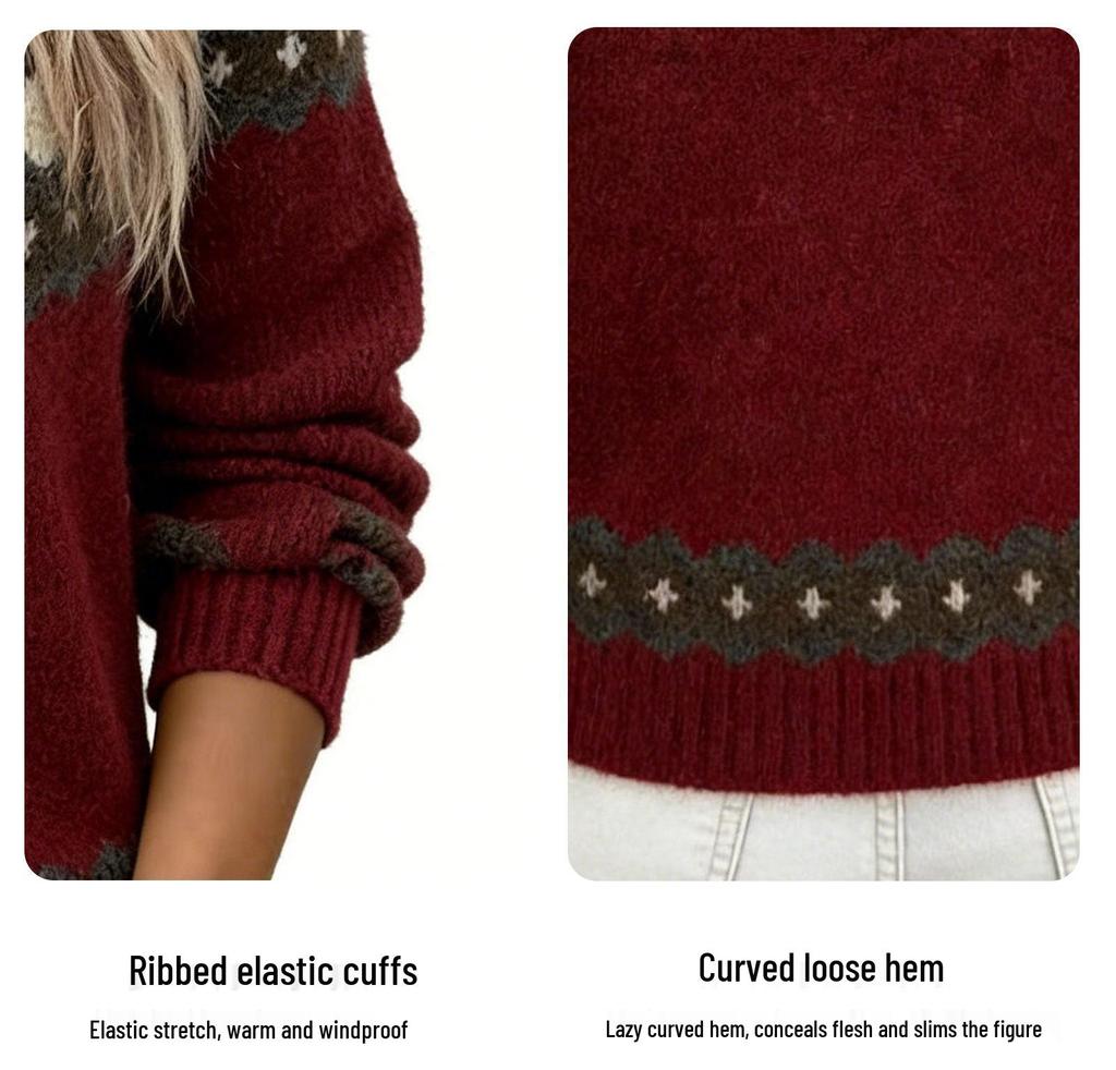 Women's Christmas Jacquard Round Neck Sweater - Casual, Loose, Slimming Knitwear for Autumn and Winter