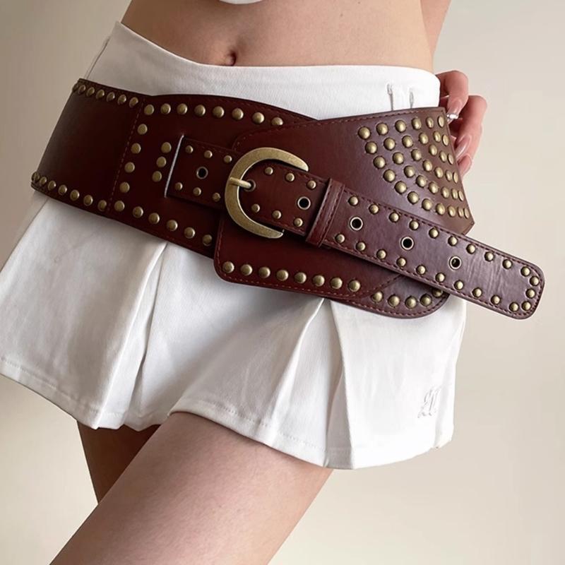 Rivet Studded Belt for Jeans Pants PU Leather Wide Cincher Belt for Shorts Skirt 2000s Girl Clothing Unisex Waist Decors